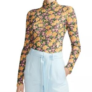 Maje Groovy Floral Long Sleeve Mesh Top S Thomas Print Yellow Wildflower